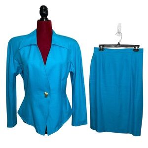 Alvin Bell New York Teal Pantsuit Blazer Suit Jacket Skirt Set
